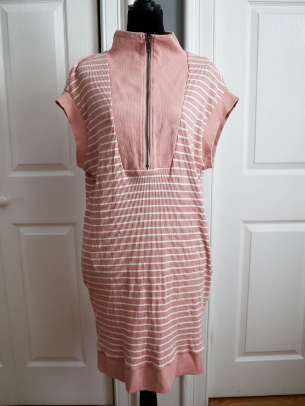 Women's Plus Size 2x Striped Knit Mini Shirt Dress Pink White Sporty Athleisure